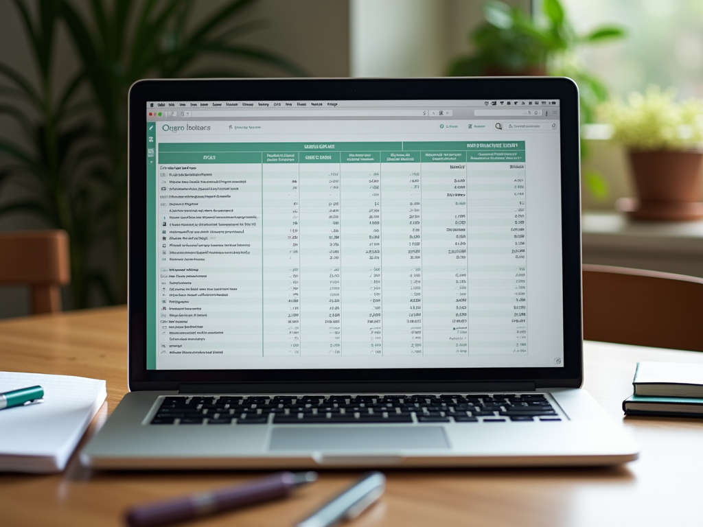 Ноутбук на столе с открытой таблицей финансовых данных в офисной обстановке.