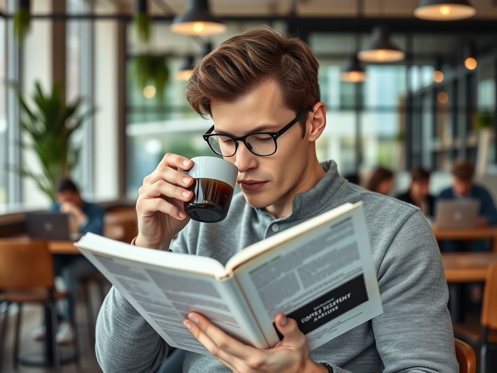 Молодой человек в кофейне читает книгу и пьет кофе, погруженный в чтение.