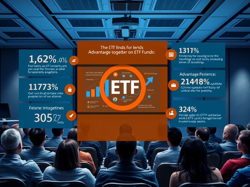 Изображение обсуждает преимущества ETF фондов и финансовые показатели, представленные на презентации.